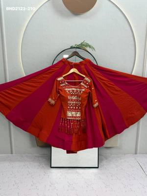 red cotton plain mirror work circular lehenga Lehenga Choli for Navratri 3