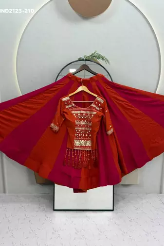 red plain cotton mirror work circular lehenga choli