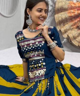 navy blue cotton plain mirror work circular lehenga Lehenga Choli for Navratri 2