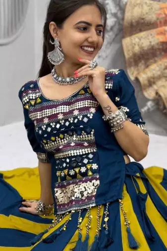 navy blue cotton plain mirror work circular lehenga Lehenga Choli for Navratri