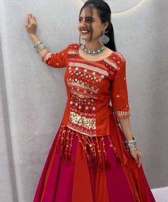 red cotton plain mirror work circular lehenga Lehenga Choli for Navratri 4