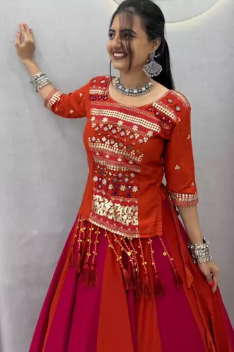 red plain cotton mirror work circular lehenga choli