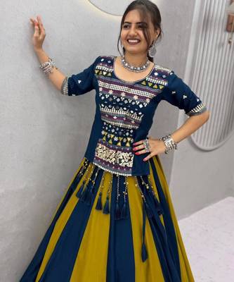 navy blue cotton plain mirror work circular lehenga Lehenga Choli for Navratri 4