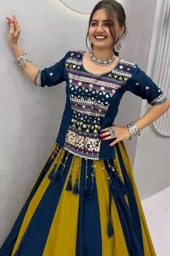 navy blue cotton plain mirror work circular lehenga Lehenga Choli for Navratri