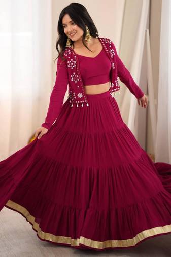dark wine rayon plain gota patti circular lehenga Lehenga Choli for Navratri