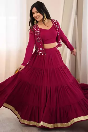 dark wine rayon plain gota patti circular lehenga Lehenga Choli for Navratri