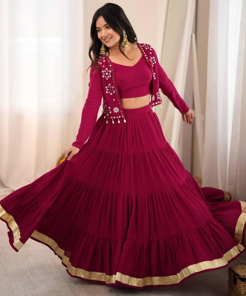 dark wine rayon plain gota patti circular lehenga Lehenga Choli for Navratri