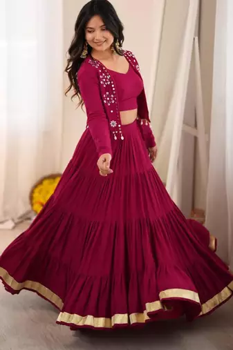 dark wine rayon plain gota patti circular lehenga Lehenga Choli for Navratri