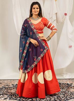 orange rayon printed gota patti circular lehenga Lehenga Choli for Navratri - full stitched free size 1
