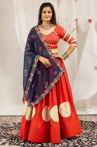 orange rayon printed gota patti circular lehenga Lehenga Choli for Navratri - full stitched free size