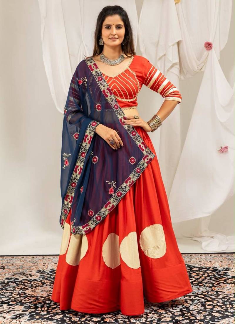 orange rayon printed gota patti circular lehenga Lehenga Choli for Navratri - full stitched free size
