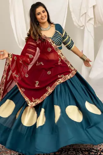 teal rayon printed gota patti circular lehenga Lehenga Choli for Navratri - full stitched free size