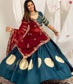 teal rayon printed gota patti circular lehenga Lehenga Choli for Navratri - full stitched free size