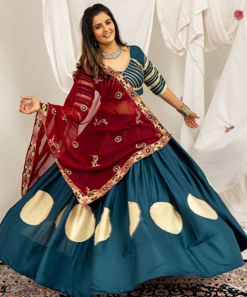 teal rayon printed gota patti circular lehenga Lehenga Choli for Navratri - full stitched free size
