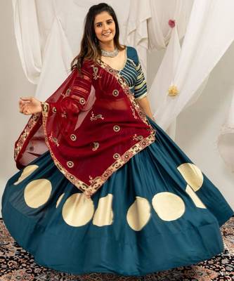 teal rayon printed gota patti circular lehenga Lehenga Choli for Navratri - full stitched free size 2