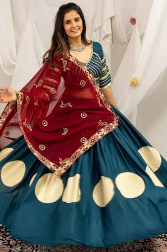 teal rayon printed gota patti circular lehenga Lehenga Choli for Navratri - full stitched free size