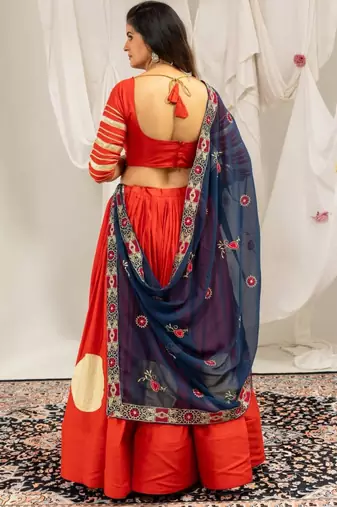 orange rayon printed gota patti circular lehenga Lehenga Choli for Navratri - full stitched free size