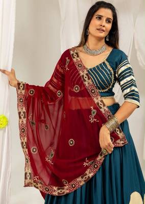 teal rayon printed gota patti circular lehenga Lehenga Choli for Navratri - full stitched free size 3