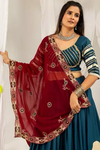 teal rayon printed gota patti circular lehenga Lehenga Choli for Navratri - full stitched free size
