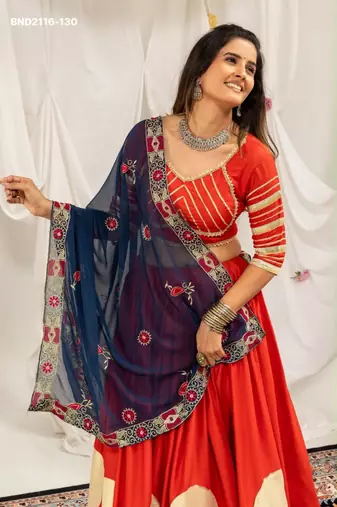 orange rayon printed gota patti circular lehenga Lehenga Choli for Navratri - full stitched free size