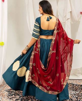 teal rayon printed gota patti circular lehenga Lehenga Choli for Navratri - full stitched free size 4