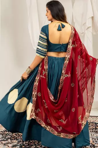teal rayon printed gota patti circular lehenga Lehenga Choli for Navratri - full stitched free size