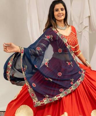 orange rayon printed gota patti circular lehenga Lehenga Choli for Navratri - full stitched free size 4