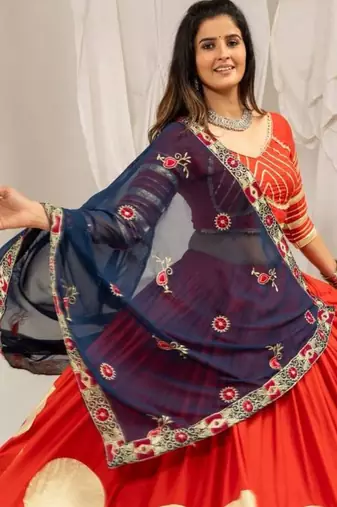 orange rayon printed gota patti circular lehenga Lehenga Choli for Navratri - full stitched free size