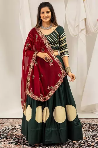 dark green rayon printed gota patti circular lehenga Lehenga Choli for Navratri - full stitched free size