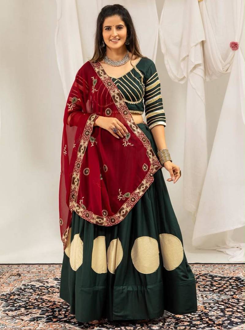 dark green rayon printed gota patti circular lehenga Lehenga Choli for Navratri - full stitched free size