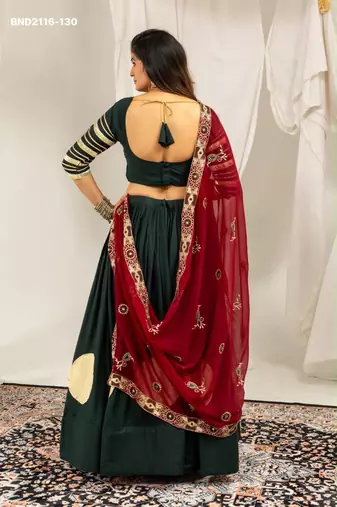 dark green rayon printed gota patti circular lehenga Lehenga Choli for Navratri - full stitched free size