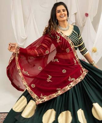 dark green rayon printed gota patti circular lehenga Lehenga Choli for Navratri - full stitched free size 3