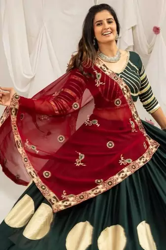 dark green rayon printed gota patti circular lehenga Lehenga Choli for Navratri - full stitched free size