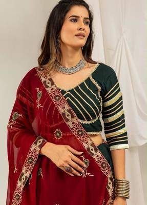 dark green rayon printed gota patti circular lehenga Lehenga Choli for Navratri - full stitched free size 4