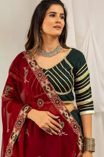 dark green rayon printed gota patti circular lehenga Lehenga Choli for Navratri - full stitched free size