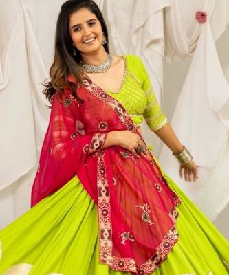 parrot green rayon printed gota patti circular lehenga Lehenga Choli for Navratri - full stitched free size 1