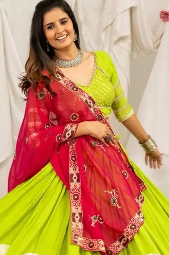parrot green rayon printed gota patti circular lehenga Lehenga Choli for Navratri - full stitched free size