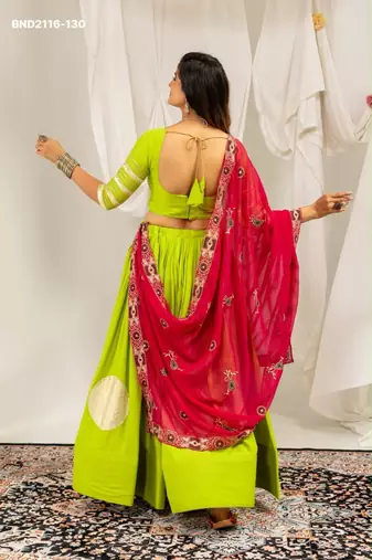 parrot green rayon printed gota patti circular lehenga Lehenga Choli for Navratri - full stitched free size