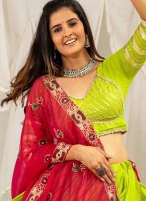 parrot green rayon printed gota patti circular lehenga Lehenga Choli for Navratri - full stitched free size 3