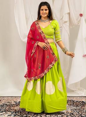 parrot green rayon printed gota patti circular lehenga Lehenga Choli for Navratri - full stitched free size 4