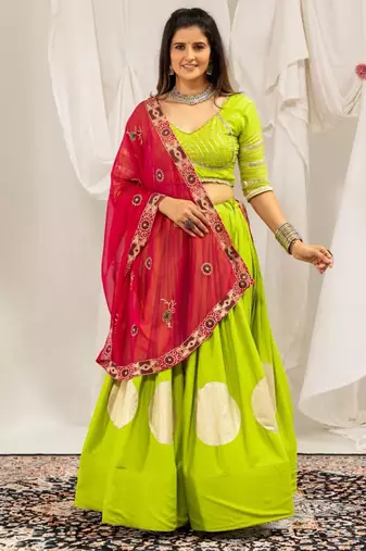 parrot green rayon printed gota patti circular lehenga Lehenga Choli for Navratri - full stitched free size