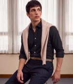 Men's Plain Black Casual Wear Spread Collar Shirt