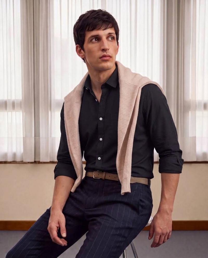 Men's Plain Black Casual Wear Spread Collar Shirt