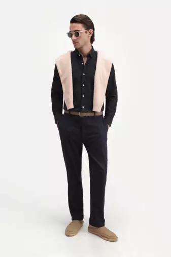 Men's Plain Black Casual Wear Spread Collar Shirt