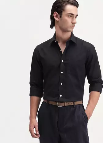 Men's Plain Black Casual Wear Spread Collar Shirt
