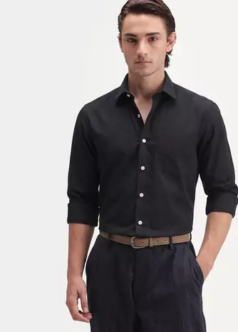 Men's Plain Black Casual Wear Spread Collar Shirt