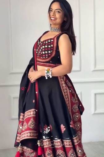 black rayon printed mirror work circular lehenga Lehenga Choli for Navratri- free size