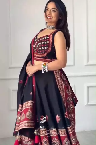 black rayon printed mirror work circular lehenga Lehenga Choli for Navratri- free size
