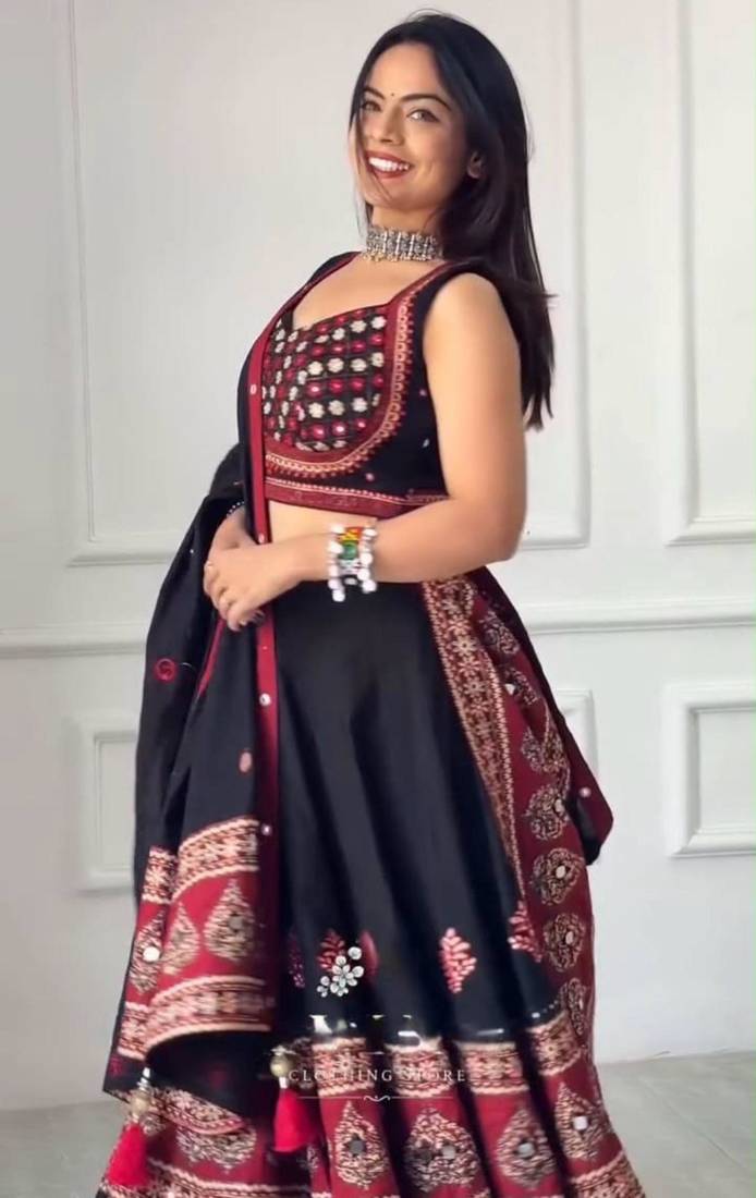 black rayon printed mirror work circular lehenga Lehenga Choli for Navratri- free size