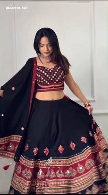 black rayon printed mirror work circular lehenga Lehenga Choli for Navratri- free size 2